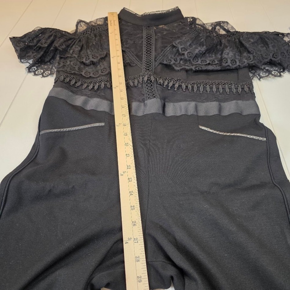 Self-Portrait Sz 10 Fine Lace Paneled Jumpsuit Black High Neck Ruffle Taper Leg - Picture 12 of 14